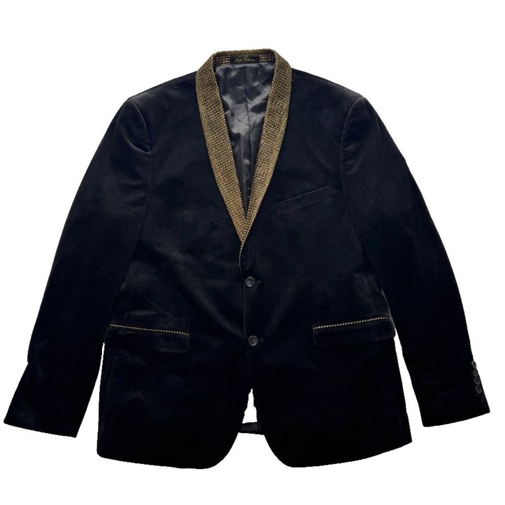 Fabio Fabrinni Men's 48R Tuxedo Sport Coat Velvet Blazer Black Gold Trim Shawl